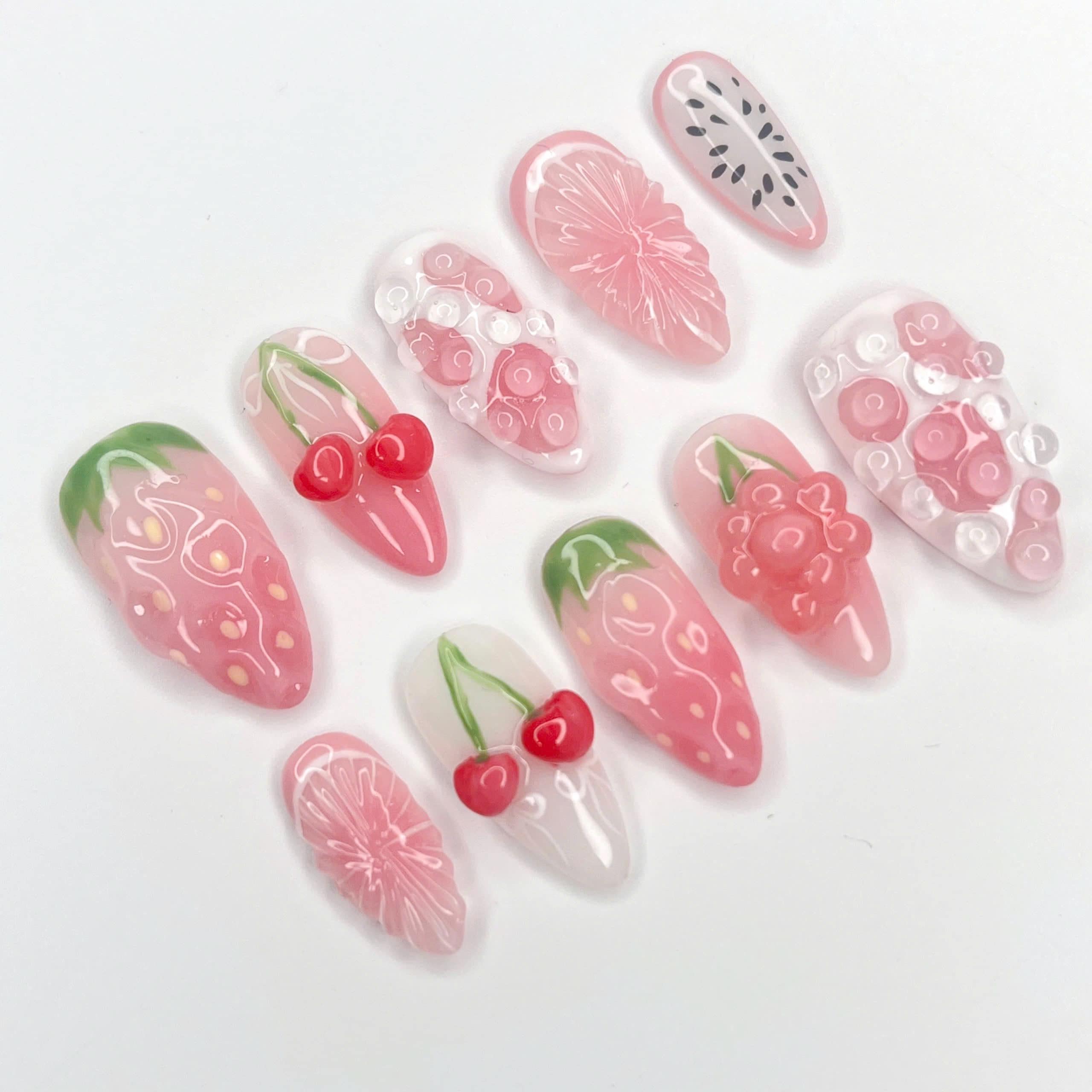 Strawberry Cherry Press-On Nails with 3D Bubbles and Floral Details, Handmade Kawaii Nail Set for a Cute & Fun Look or Gift for Her
