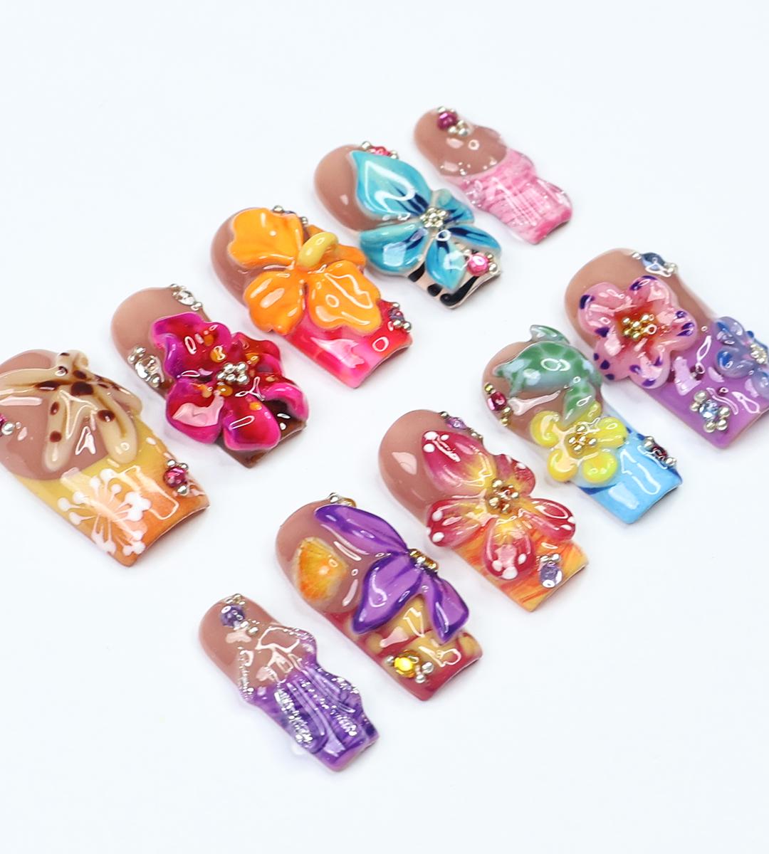 Botanical Beauty Spring - 3D Handcrafted Press-On Nails, Tropical Orchid & Hibiscus, Medium Square Nails, Fresh Spring Vibes, Gift for Her