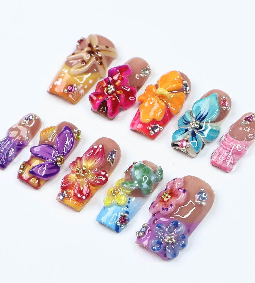 Botanical Beauty Spring - 3D Handcrafted Press-On Nails, Tropical Orchid & Hibiscus, Medium Square Nails, Fresh Spring Vibes, Gift for Her