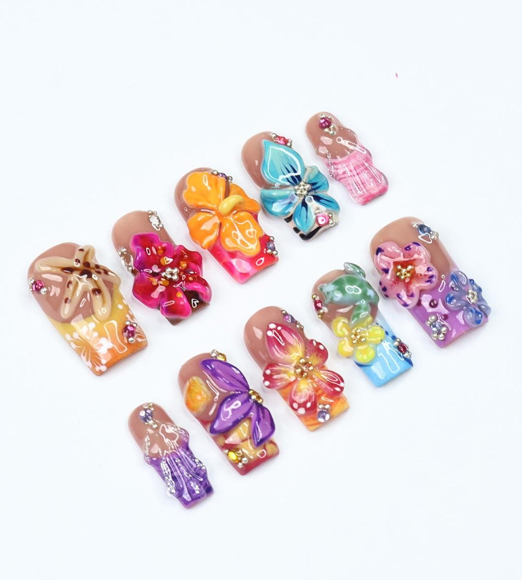 Botanical Beauty Spring - 3D Handcrafted Press-On Nails, Tropical Orchid & Hibiscus, Medium Square Nails, Fresh Spring Vibes, Gift for Her