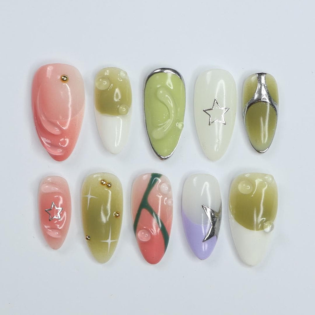 Green & Pink Almond Press-On Nails with 3D Bubbles, Metallic Stars, Gradient Design, Handmade Y2K Nail Set for a Trendy Look or Gift for Her