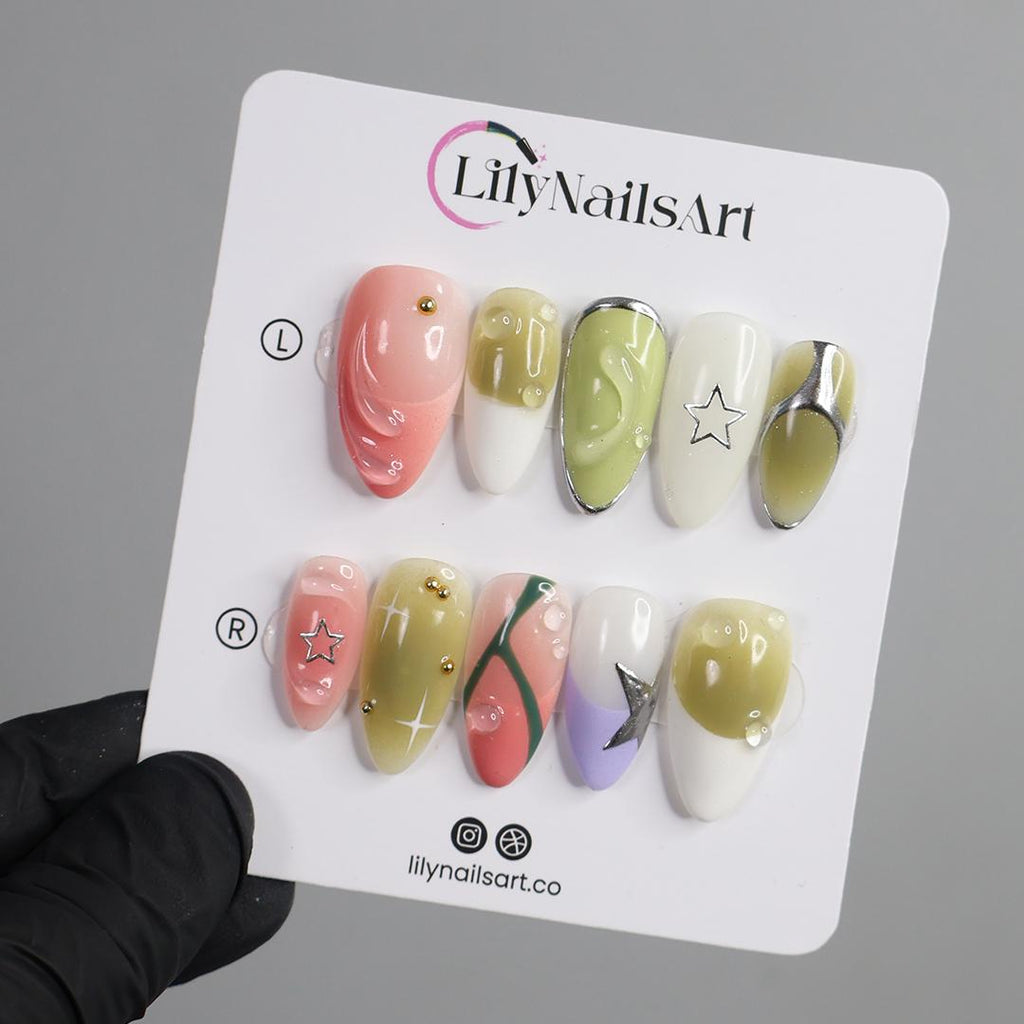 Green & Pink Almond Press-On Nails with 3D Bubbles, Metallic Stars, Gradient Design, Handmade Y2K Nail Set for a Trendy Look or Gift for Her