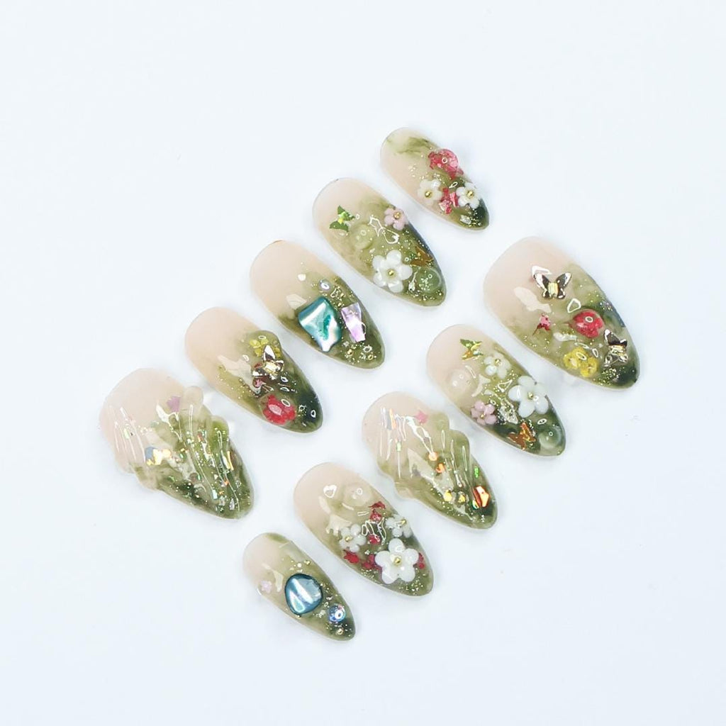 Handmade Forest-Inspired Press On Nails With Green Ombre, 3D Flowers Accents And Gems, Elegant Almond Nail Set, Perfect For Gifts & Events