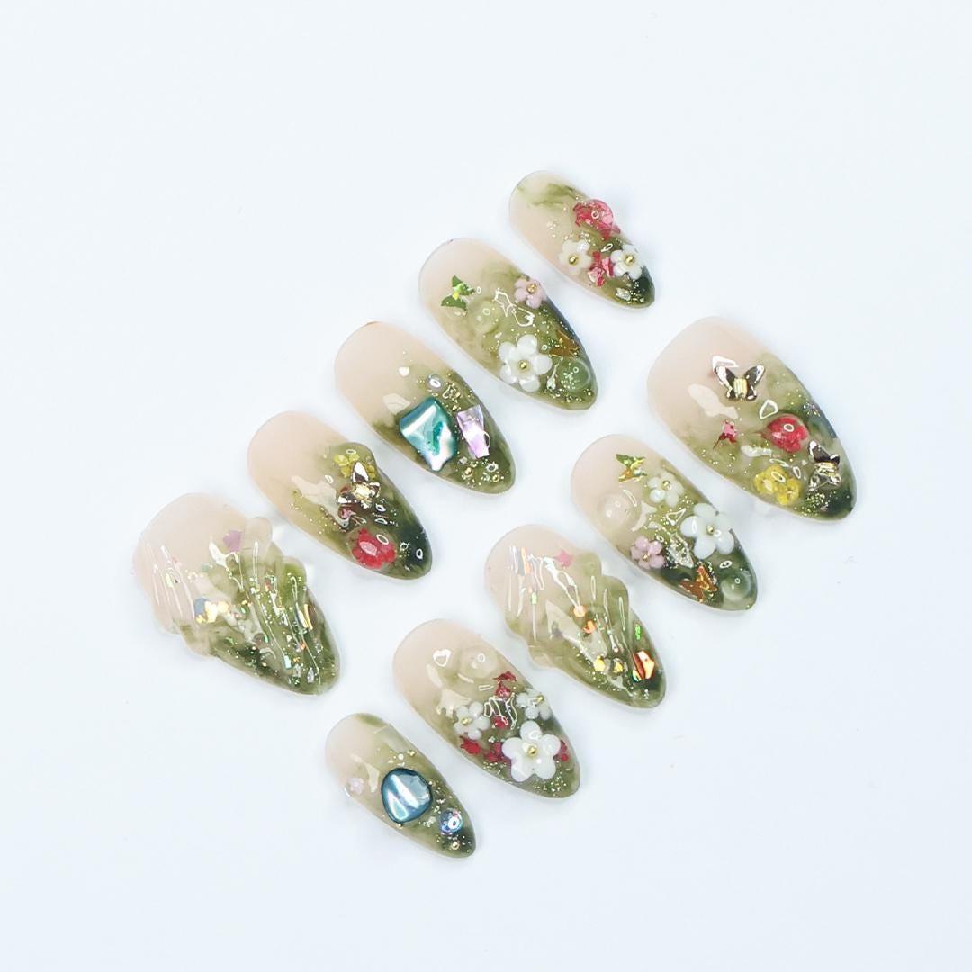 Handmade Forest-Inspired Press On Nails With Green Ombre, 3D Flowers Accents And Gems, Elegant Almond Nail Set, Perfect For Gifts & Events