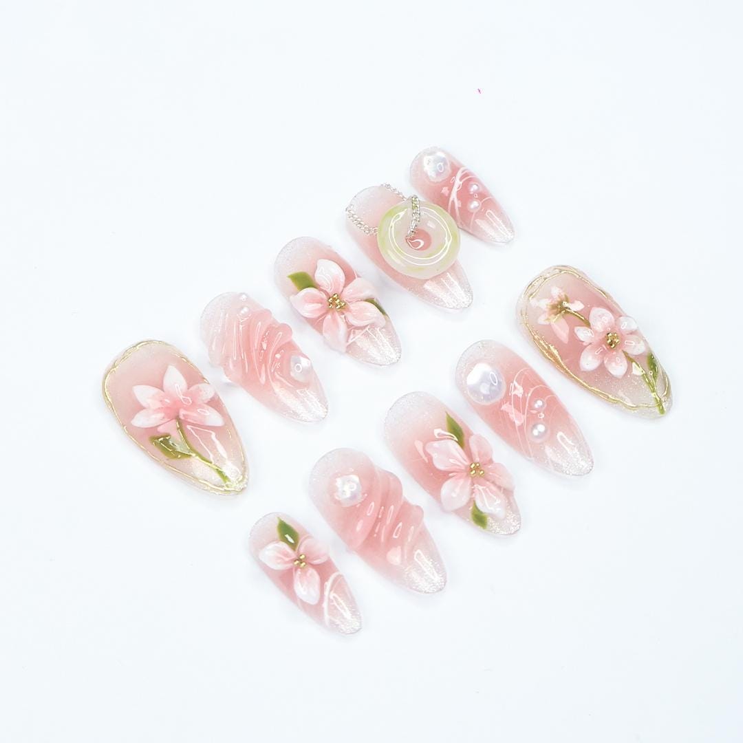 Romantic Pink Floral Almond Press On Nails With 3D Flowers, Gold Accents, Pearl, Ring Details, Handmade Luxury Nail Set for Gifts And Events
