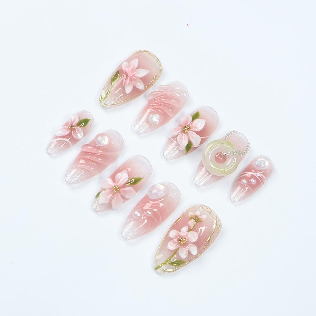 Romantic Pink Floral Almond Press On Nails With 3D Flowers, Gold Accents, Pearl, Ring Details, Handmade Luxury Nail Set for Gifts And Events