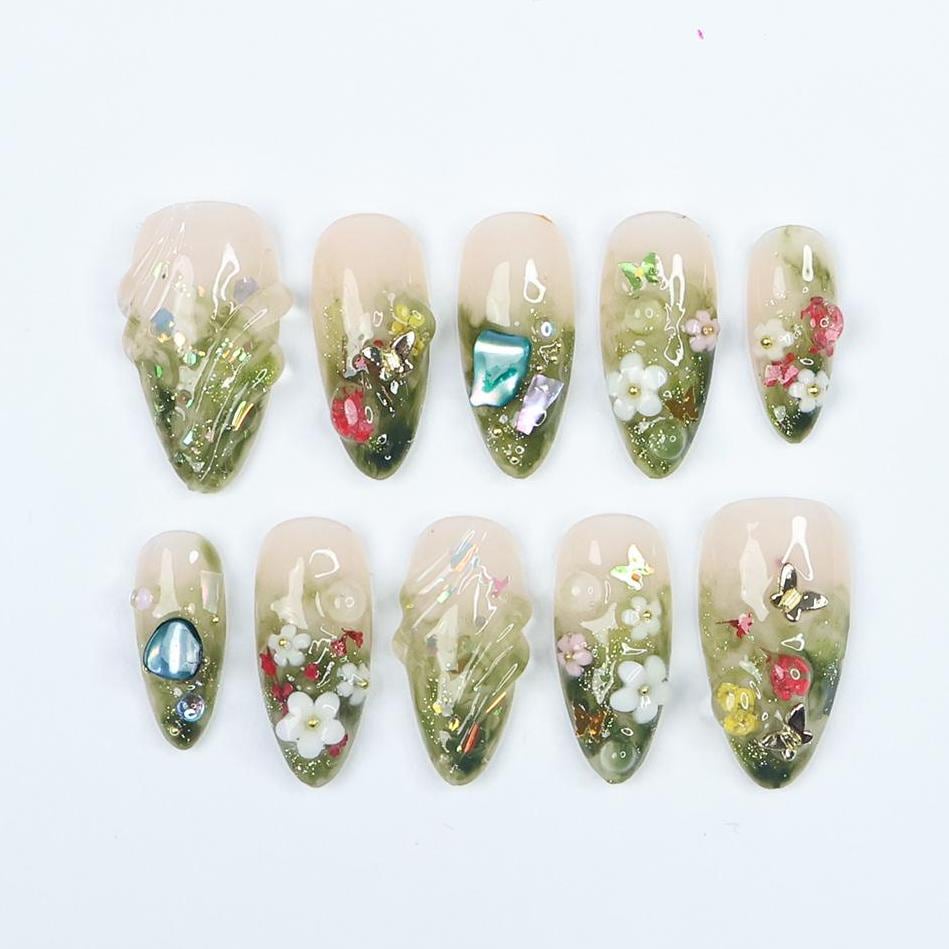 Handmade Forest-Inspired Press On Nails With Green Ombre, 3D Flowers Accents And Gems, Elegant Almond Nail Set, Perfect For Gifts & Events