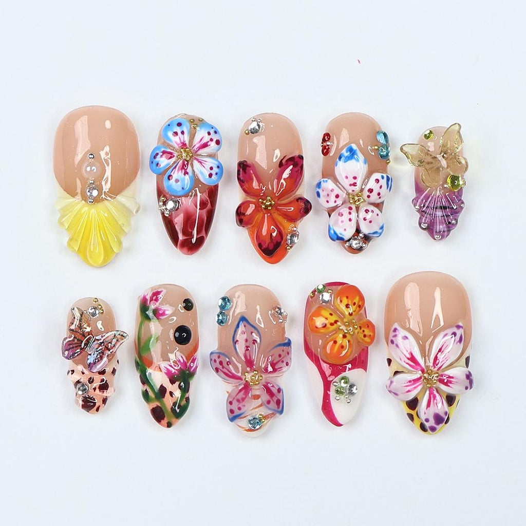 Summer Press On Nails with 3D Tropical Flowers & Butterflies, Bright Floral Fake Nails in Long Almond, Beach Nail Art for Vacation, Holiday