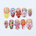 Summer Press On Nails with 3D Tropical Flowers & Butterflies, Bright Floral Fake Nails in Long Almond, Beach Nail Art for Vacation, Holiday