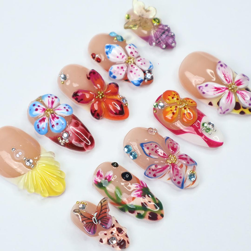 Summer Press On Nails with 3D Tropical Flowers & Butterflies, Bright Floral Fake Nails in Long Almond, Beach Nail Art for Vacation, Holiday