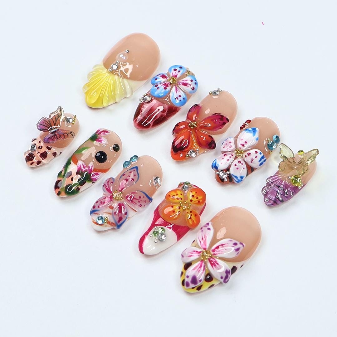 Summer Press On Nails with 3D Tropical Flowers & Butterflies, Bright Floral Fake Nails in Long Almond, Beach Nail Art for Vacation, Holiday