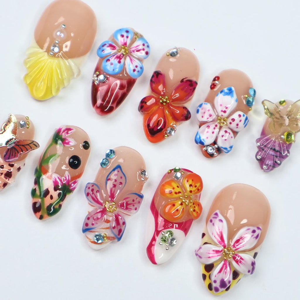 Summer Press On Nails with 3D Tropical Flowers & Butterflies, Bright Floral Fake Nails in Long Almond, Beach Nail Art for Vacation, Holiday