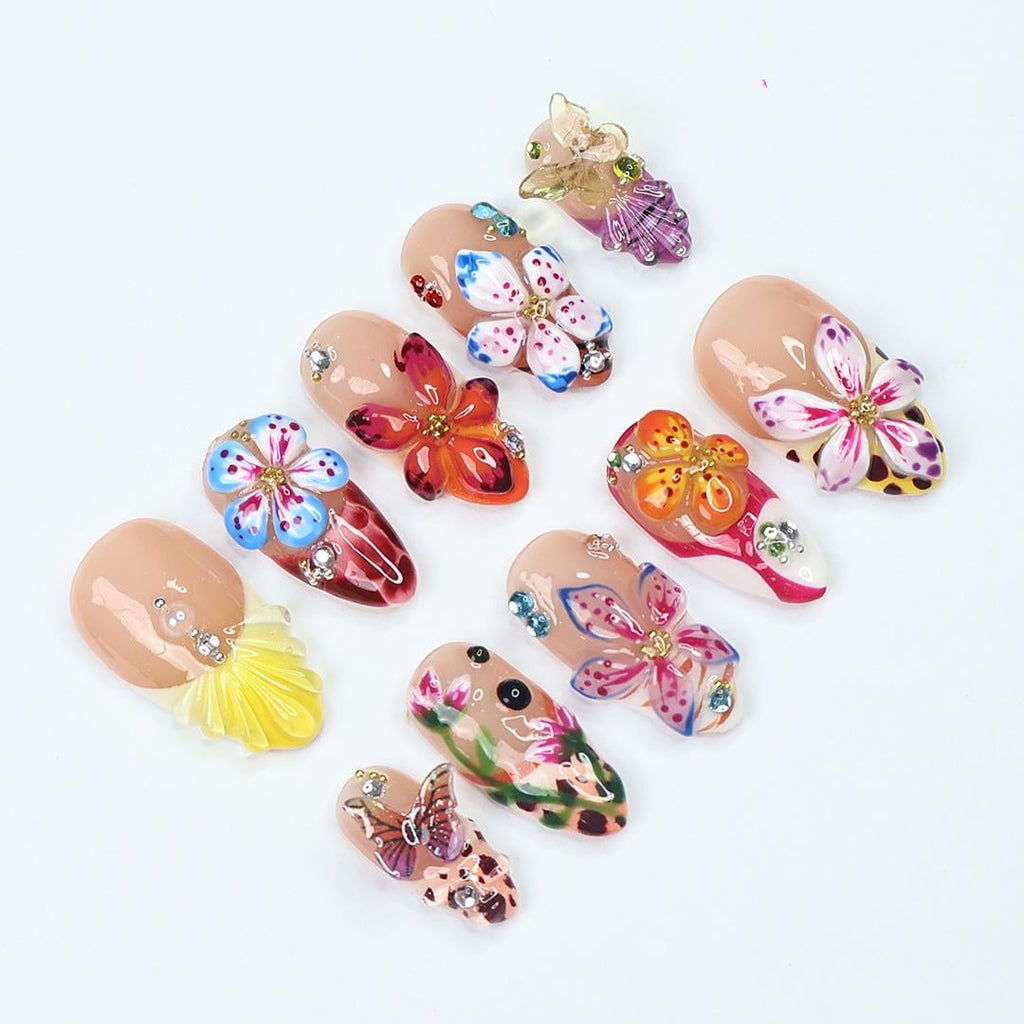 Summer Press On Nails with 3D Tropical Flowers & Butterflies, Bright Floral Fake Nails in Long Almond, Beach Nail Art for Vacation, Holiday