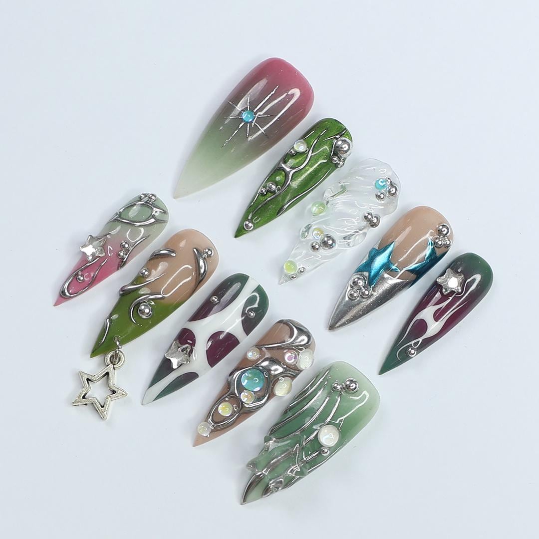 Press On Nails Night Star with Crystal Art | 3D Fake Nails in Long Stiletto | Handmade Elegant Metallic Nail Art for Holiday, Vacation, Gift