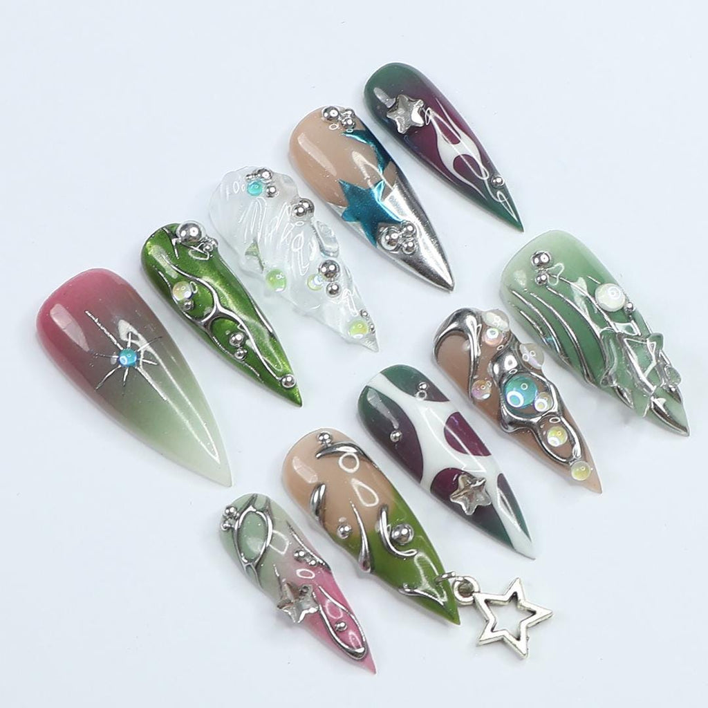 Press On Nails Night Star with Crystal Art | 3D Fake Nails in Long Stiletto | Handmade Elegant Metallic Nail Art for Holiday, Vacation, Gift