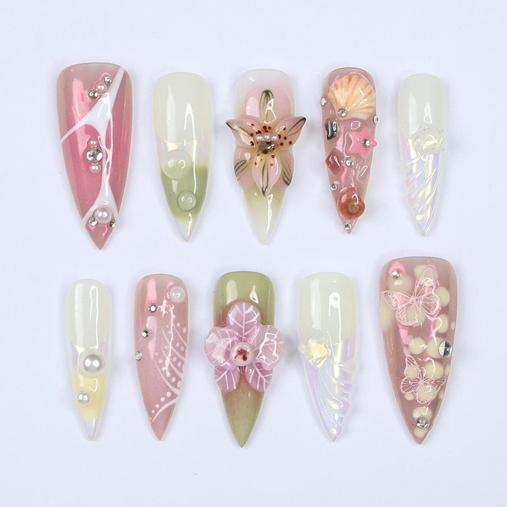 Press On Nail Floral Dream with Butterfly & Shell Art | 3D Fake Nail in Long Stiletto | Handmade Summer Nail Art for Holiday, Vacation, Gift