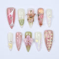 Press On Nail Floral Dream with Butterfly & Shell Art | 3D Fake Nail in Long Stiletto | Handmade Summer Nail Art for Holiday, Vacation, Gift