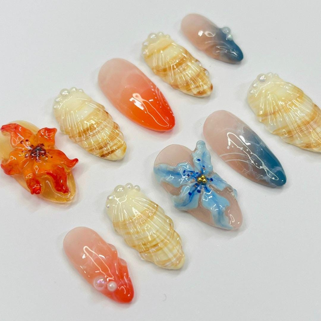 Press On Nail Tropical Sunset with Shell & Floral Art | 3D Fake Nail in Medium Almond | Handmade Summer Nail Art for Holiday, Vacation, Gift