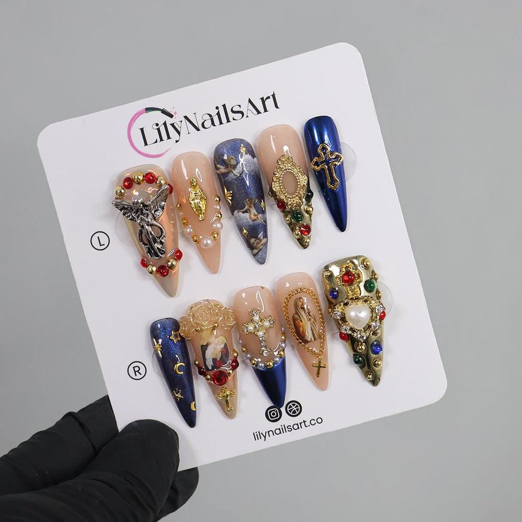 Press On Nails Angel's Gift with Silver & Gold Cross | 3D Fake Nails in Long Stiletto | Handmade Luxury Nail Art for Holiday, Gift, Birthday