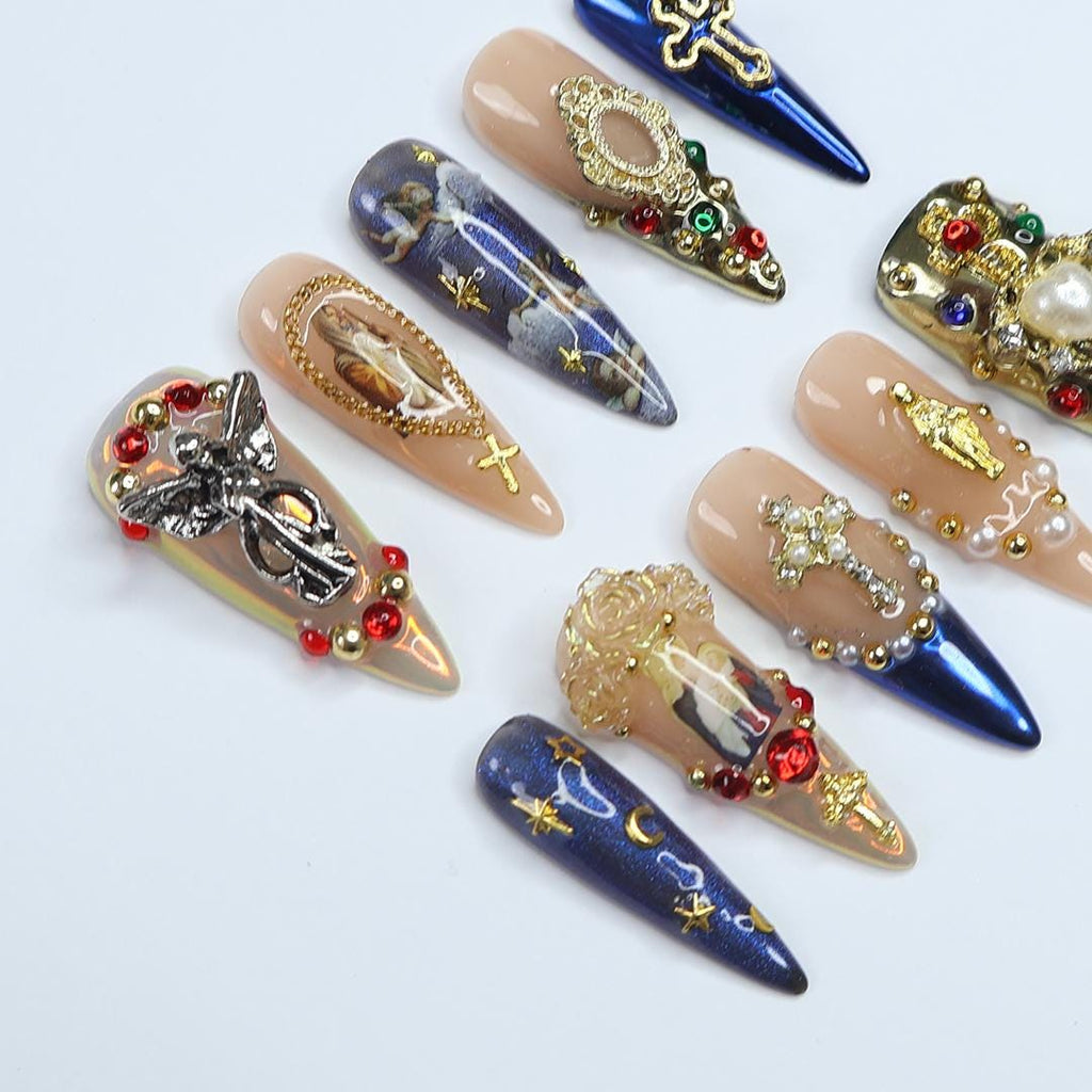 Press On Nails Angel's Gift with Silver & Gold Cross | 3D Fake Nails in Long Stiletto | Handmade Luxury Nail Art for Holiday, Gift, Birthday