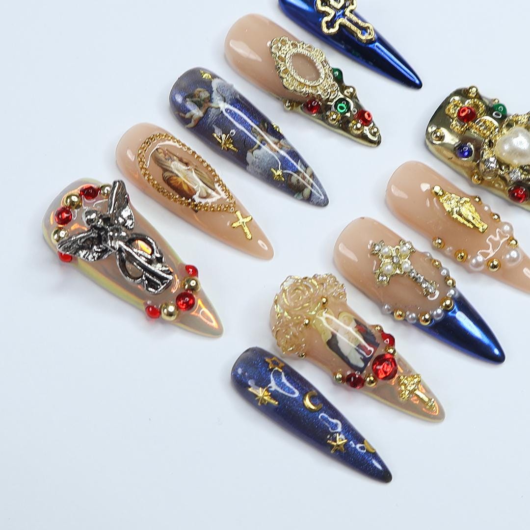 Press On Nails Angel's Gift with Silver & Gold Cross | 3D Fake Nails in Long Stiletto | Handmade Luxury Nail Art for Holiday, Gift, Birthday