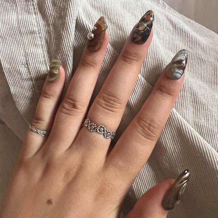 Press On Nails Galaxy Amber with Metallic Swirl Art | 3D Fake Nails in Medium Almond | Handmade Luxury Nail Art for Holiday, Vacation, Gift