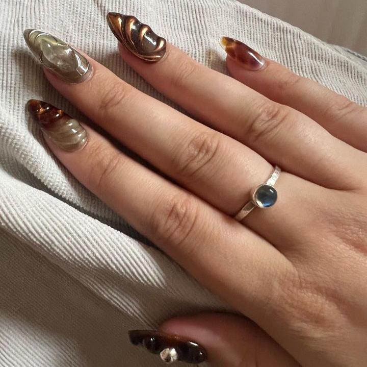 Press On Nails Galaxy Amber with Metallic Swirl Art | 3D Fake Nails in Medium Almond | Handmade Luxury Nail Art for Holiday, Vacation, Gift