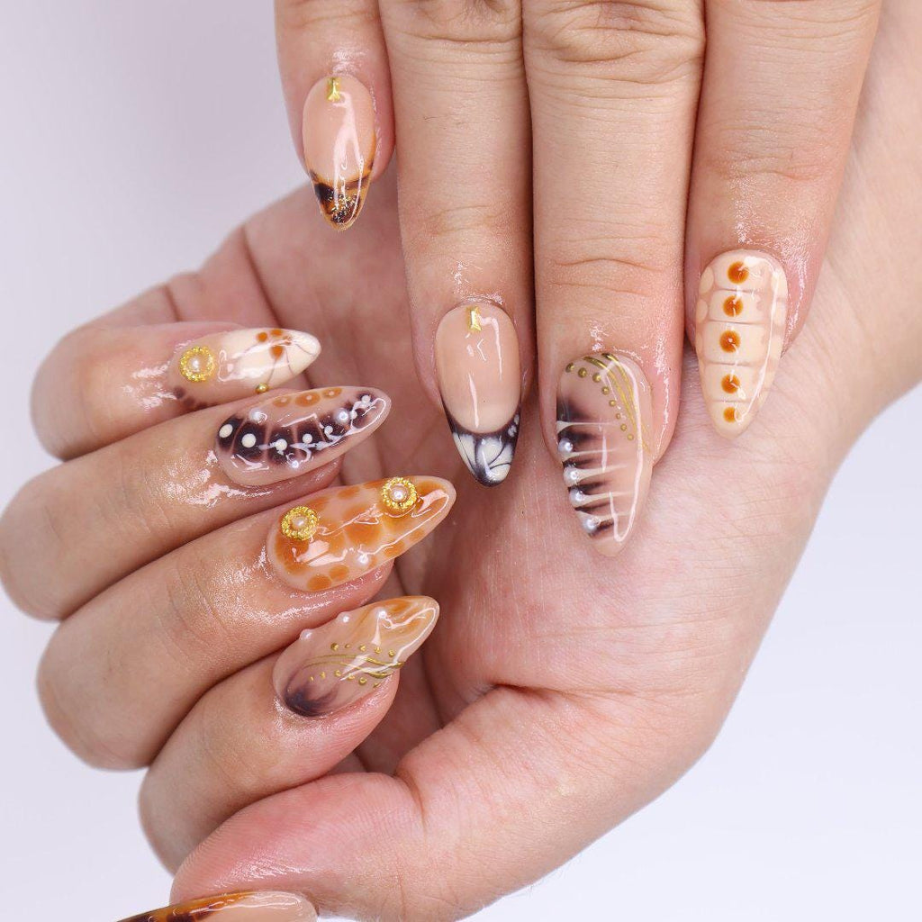 Press On Nails Tortoiseshell with Gold Accents | French Tip Fake Nails in Medium Almond | Handmade Fall Nail Art for Holiday, Vacation, Gift