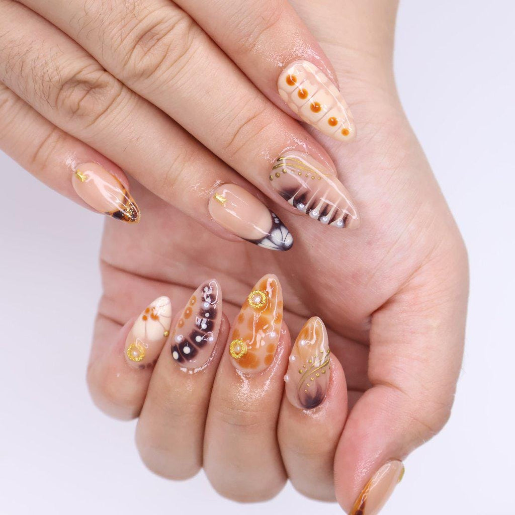 Press On Nails Tortoiseshell with Gold Accents | French Tip Fake Nails in Medium Almond | Handmade Fall Nail Art for Holiday, Vacation, Gift