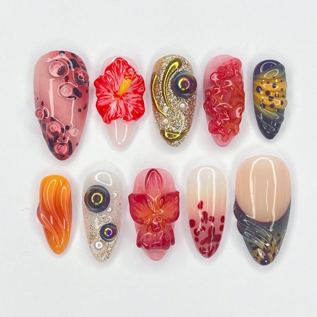 Press On Nails Sunset Bloom with Hibicus | 3D Floral Fake Nails in Medium Almond | Handmade Autumn Nail Art for Holiday, Vacation, Birthday