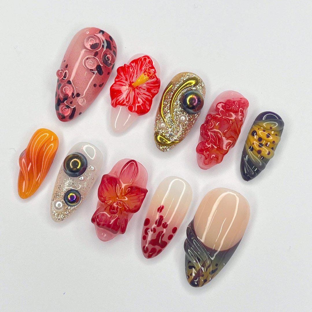 Press On Nails Sunset Bloom with Hibicus | 3D Floral Fake Nails in Medium Almond | Handmade Autumn Nail Art for Holiday, Vacation, Birthday