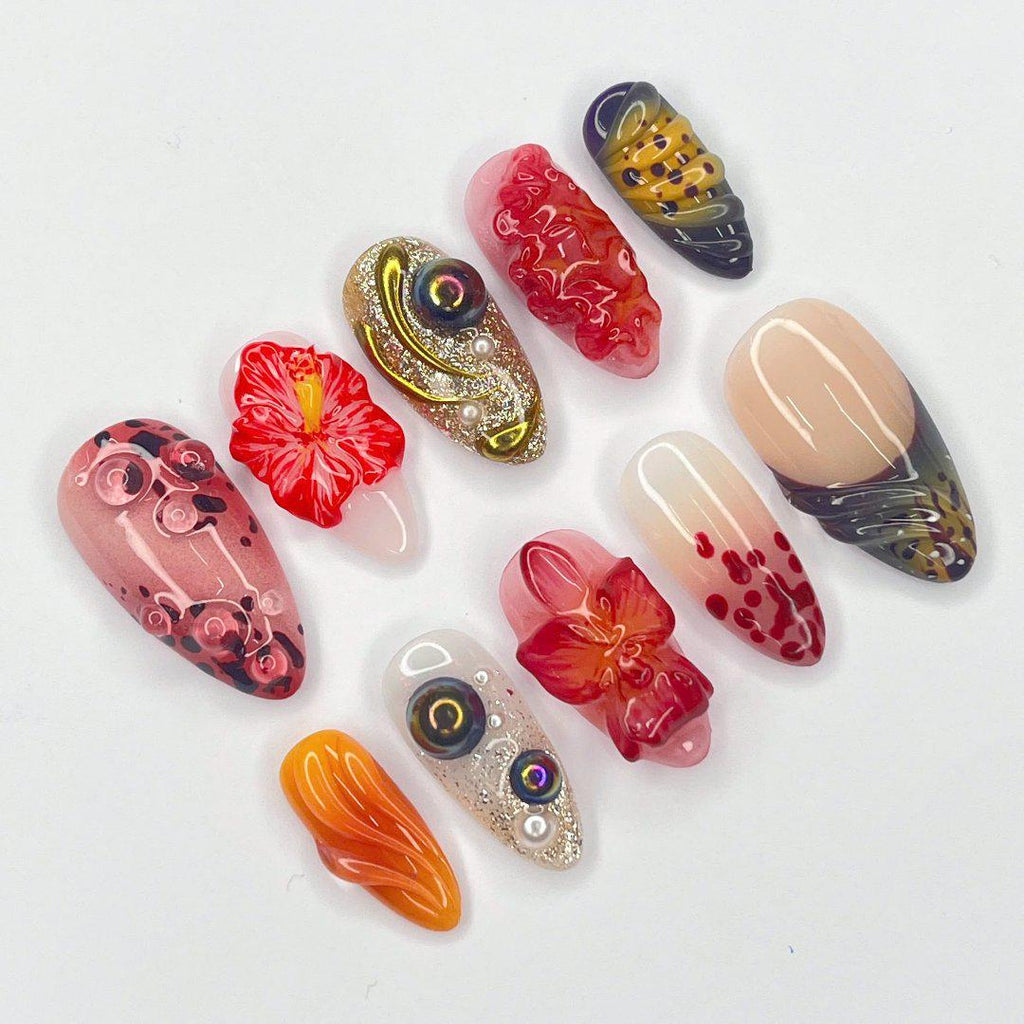 Press On Nails Sunset Bloom with Hibicus | 3D Floral Fake Nails in Medium Almond | Handmade Autumn Nail Art for Holiday, Vacation, Birthday