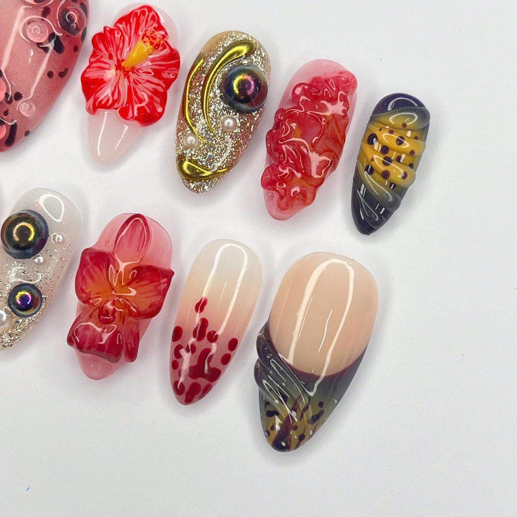 Press On Nails Sunset Bloom with Hibicus | 3D Floral Fake Nails in Medium Almond | Handmade Autumn Nail Art for Holiday, Vacation, Birthday
