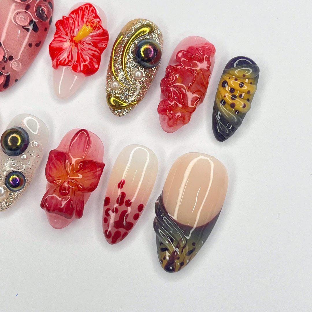Press On Nails Sunset Bloom with Hibicus | 3D Floral Fake Nails in Medium Almond | Handmade Autumn Nail Art for Holiday, Vacation, Birthday