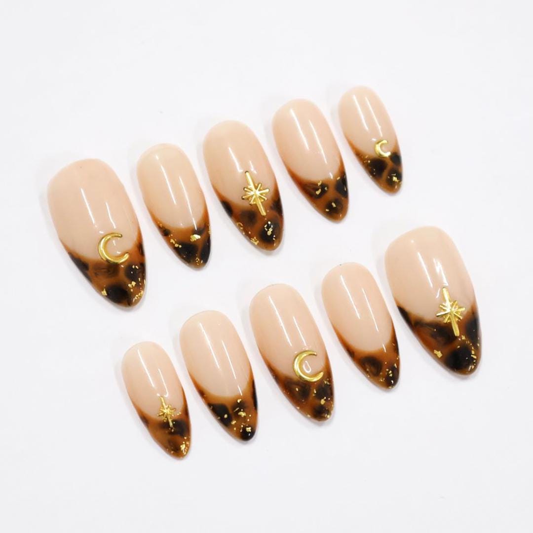 Tortoise French Tip Almond PressOn Nail With Gold Star & Moon Accents, Handmade Trendy Nail Set For Everyday Wear, Special Occasions, Gifts