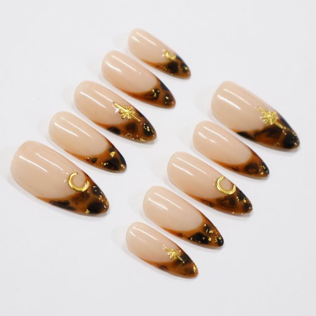Tortoise French Tip Almond PressOn Nail With Gold Star & Moon Accents, Handmade Trendy Nail Set For Everyday Wear, Special Occasions, Gifts