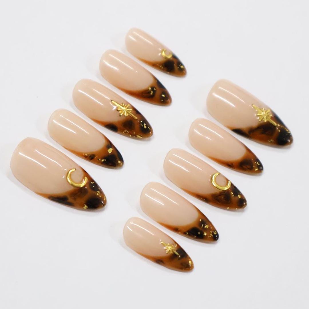 Tortoise French Tip Almond PressOn Nail With Gold Star & Moon Accents, Handmade Trendy Nail Set For Everyday Wear, Special Occasions, Gifts