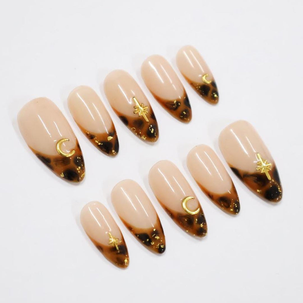 Tortoise French Tip Almond PressOn Nail With Gold Star & Moon Accents, Handmade Trendy Nail Set For Everyday Wear, Special Occasions, Gifts