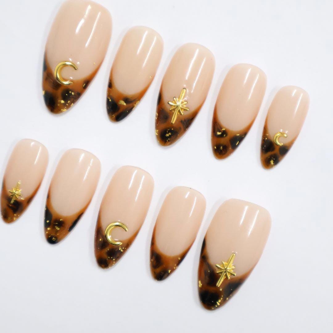 Tortoise French Tip Almond PressOn Nail With Gold Star & Moon Accents, Handmade Trendy Nail Set For Everyday Wear, Special Occasions, Gifts