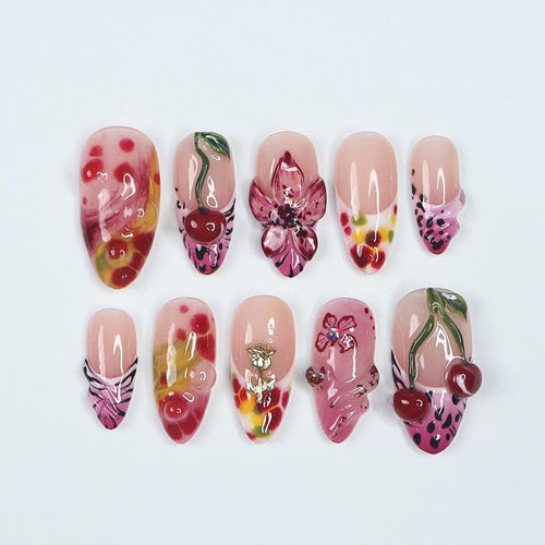 Cherry Blossom PressOn Nail With 3D Cherries, Floral & Abstract Patterns, Handmade Trendy Almond Nail Set for Fashion Lovers Or Gift For Her