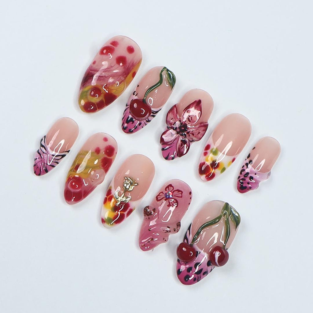 Cherry Blossom PressOn Nail With 3D Cherries, Floral & Abstract Patterns, Handmade Trendy Almond Nail Set for Fashion Lovers Or Gift For Her
