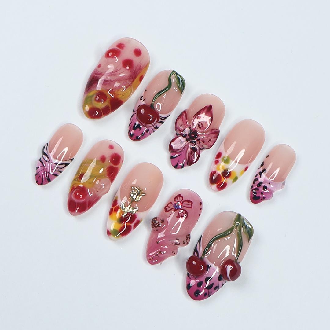 Cherry Blossom PressOn Nail With 3D Cherries, Floral & Abstract Patterns, Handmade Trendy Almond Nail Set for Fashion Lovers Or Gift For Her