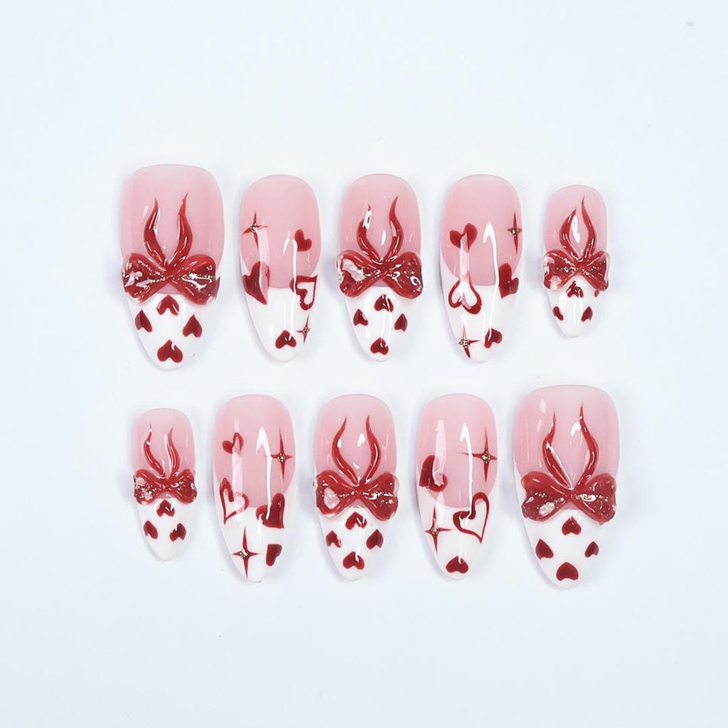 Romantic Pink & Red Press On Nails With 3D Bows, Hearts, Glossy Finish - Handmade Almond Nail Set For A Cute Look, Perfect Gift For Her