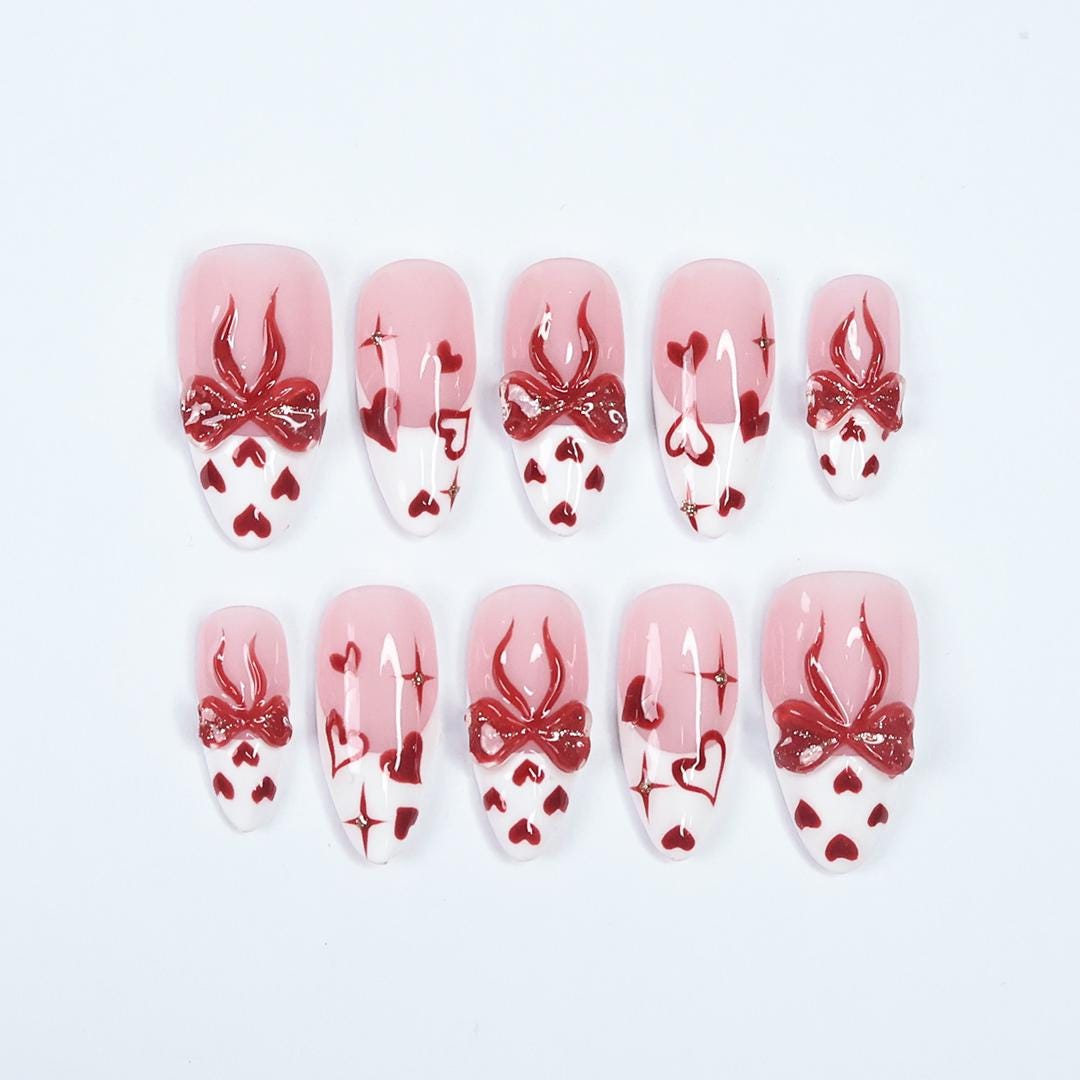 Romantic Pink & Red Press On Nails With 3D Bows, Hearts, Glossy Finish - Handmade Almond Nail Set For A Cute Look, Perfect Gift For Her