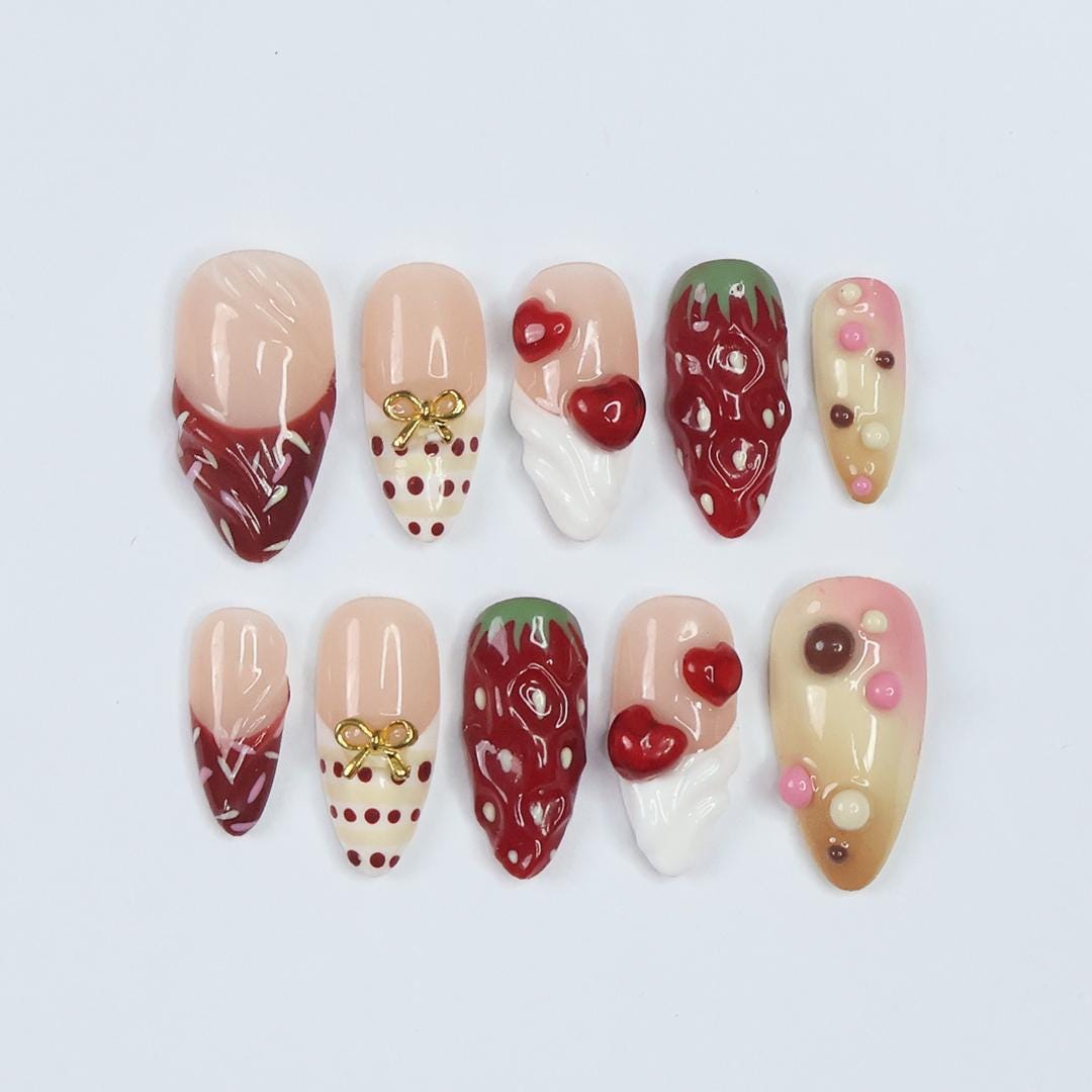 Sweet Treat Press-On Nails With 3D Chocolate Drizzle, Strawberries & Hearts - Handmade Cute Nail Set For Valentine's Day Or Gift For Her