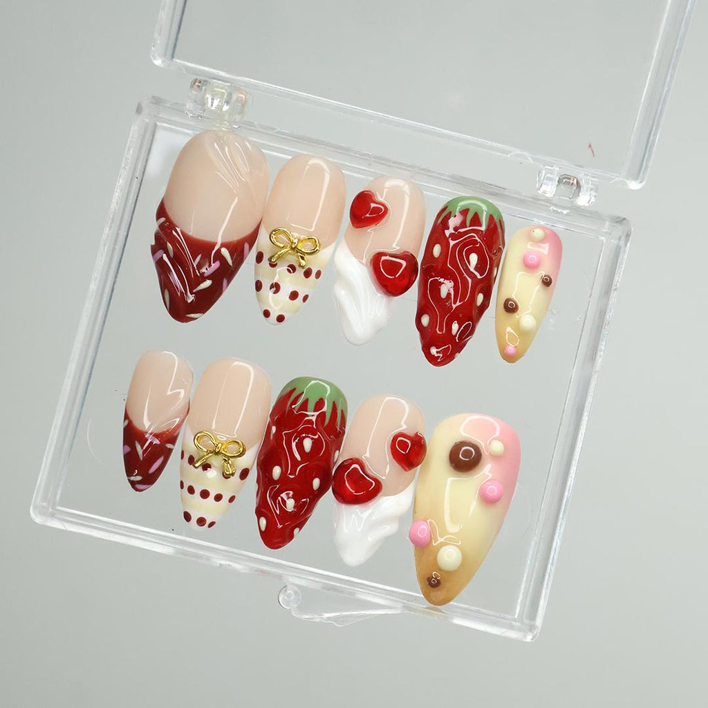 Sweet Treat Press-On Nails With 3D Chocolate Drizzle, Strawberries & Hearts - Handmade Cute Nail Set For Valentine's Day Or Gift For Her