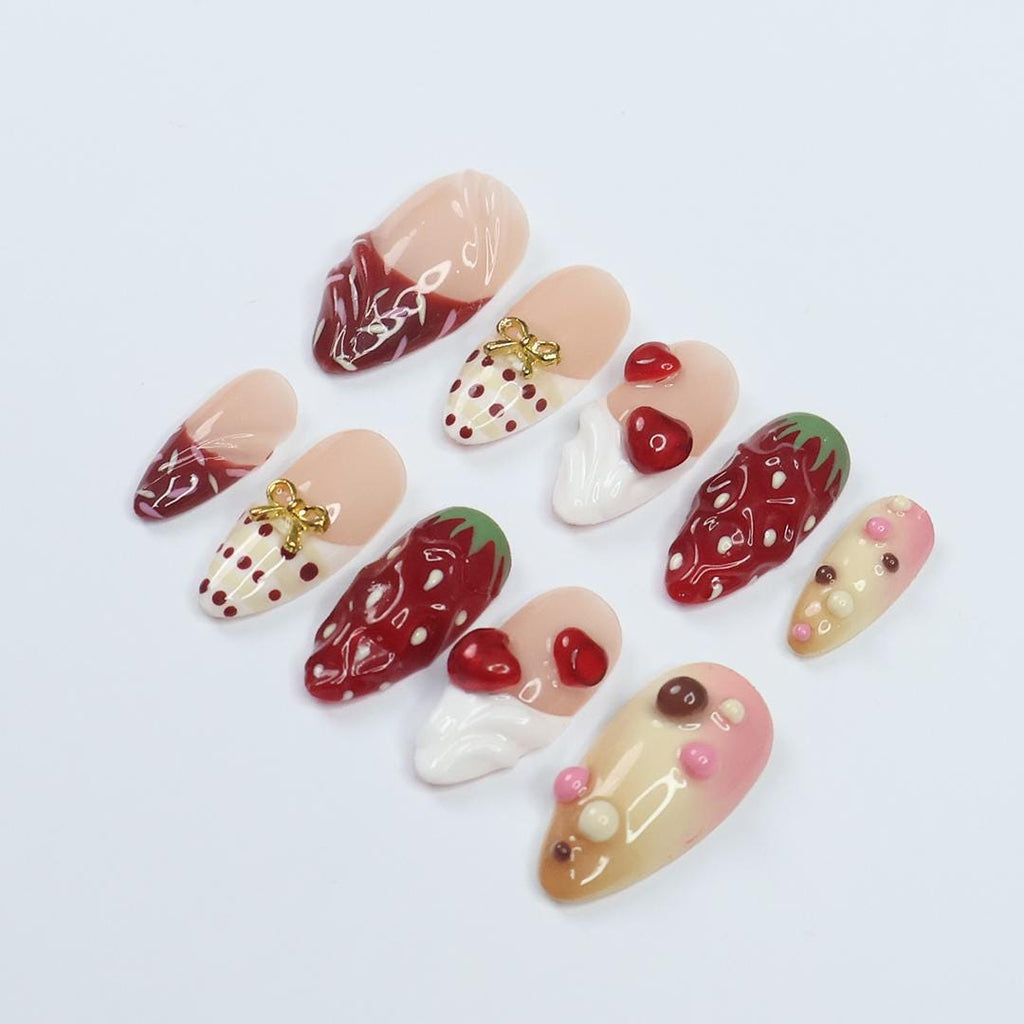Sweet Treat Press-On Nails With 3D Chocolate Drizzle, Strawberries & Hearts - Handmade Cute Nail Set For Valentine's Day Or Gift For Her