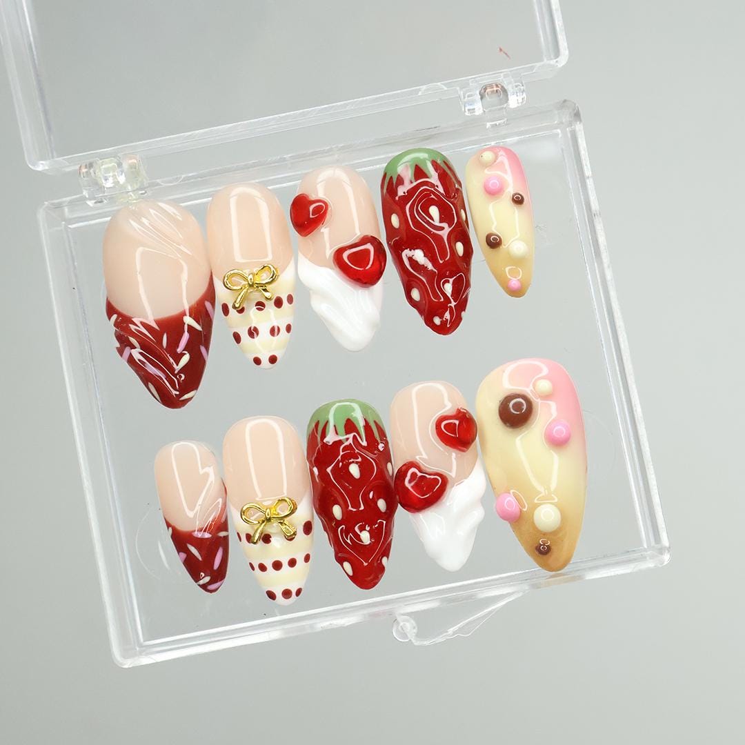 Sweet Treat Press-On Nails With 3D Chocolate Drizzle, Strawberries & Hearts - Handmade Cute Nail Set For Valentine's Day Or Gift For Her