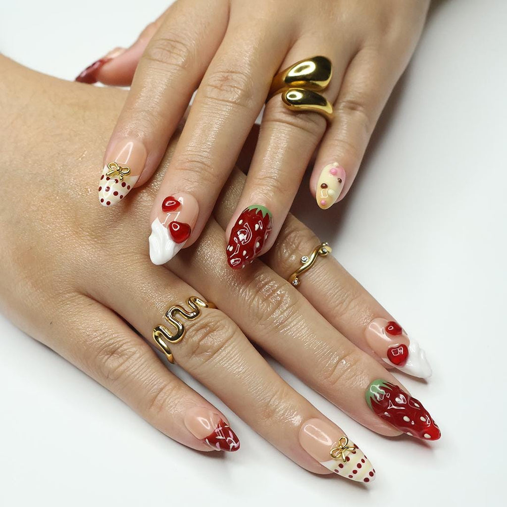 Sweet Treat Press-On Nails With 3D Chocolate Drizzle, Strawberries & Hearts - Handmade Cute Nail Set For Valentine's Day Or Gift For Her
