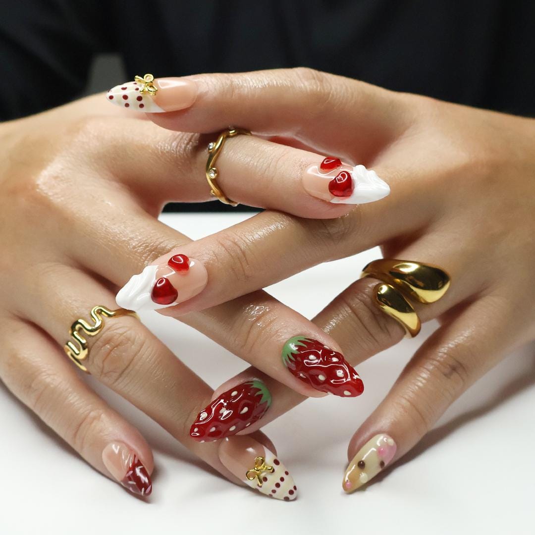 Sweet Treat Press-On Nails With 3D Chocolate Drizzle, Strawberries & Hearts - Handmade Cute Nail Set For Valentine's Day Or Gift For Her